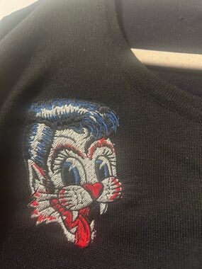 Sourpuss Black Cardigan with Red, Blue and White Embroidered Stray Cats